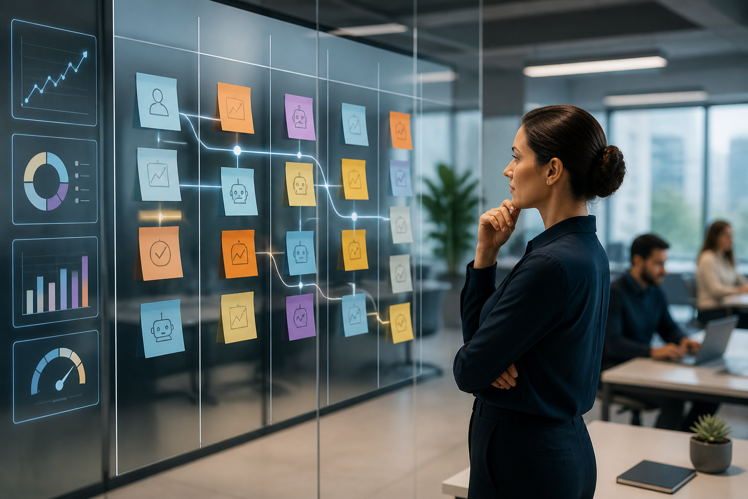Marketing team reviewing a kanban board of in-flight content and campaign work together