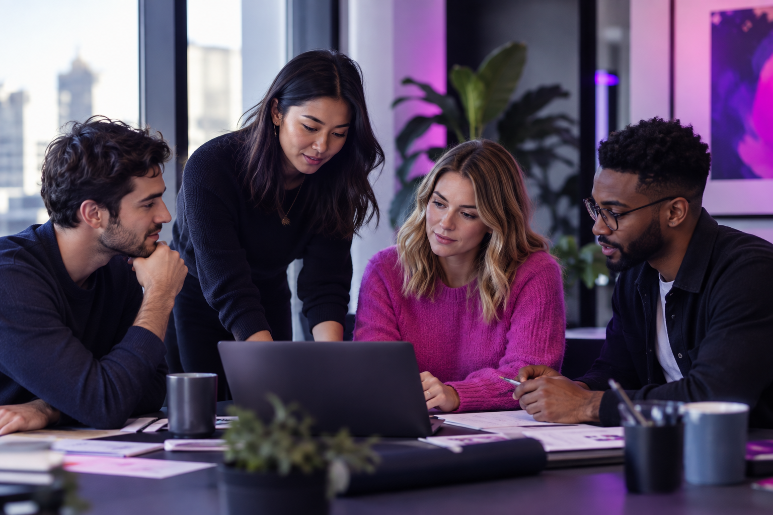 A focused marketing team working together on strategy in a modern office environment.