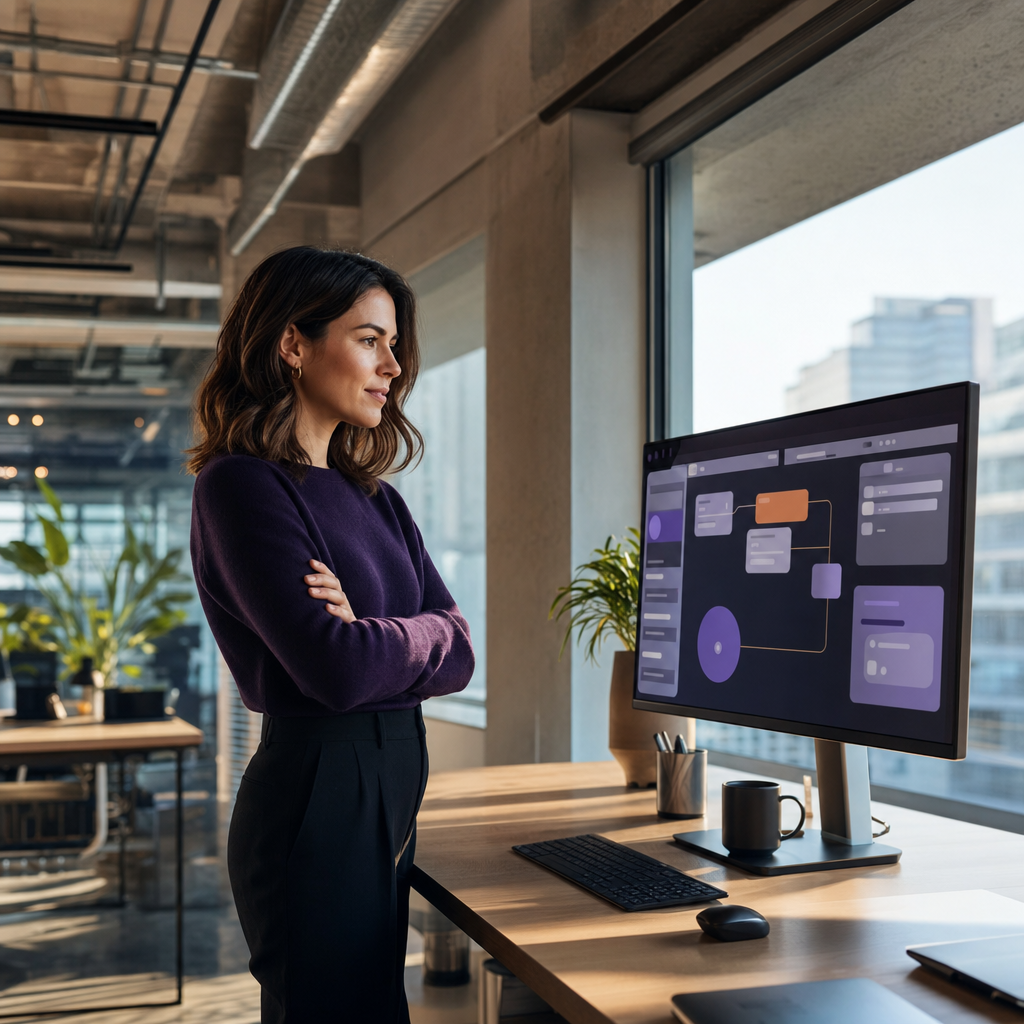 A marketing leader reviewing agentic marketing team output on a workflow interface in a modern B2B office